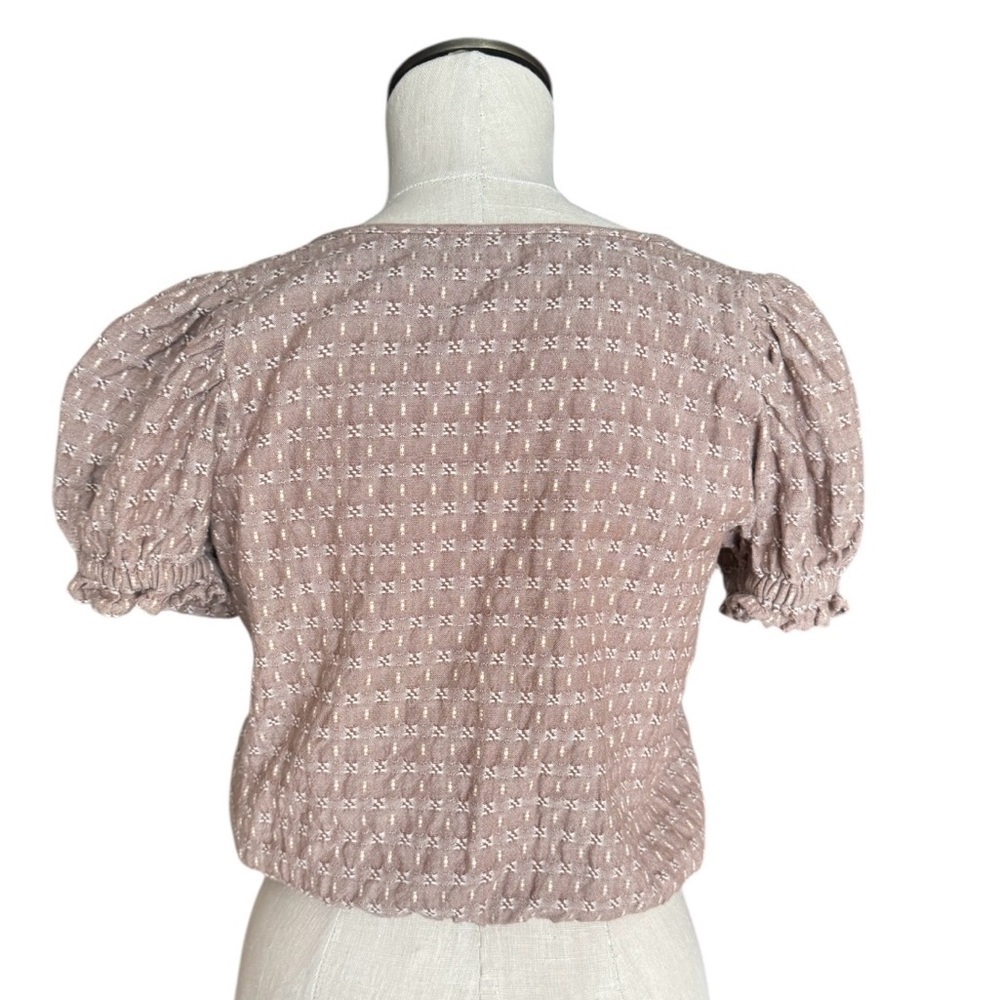 Madewell  Jacquard Puff Sleeve Faux-Wrap Cropped Cotton Embroidered Top Sz XS - Picture 2 of 10